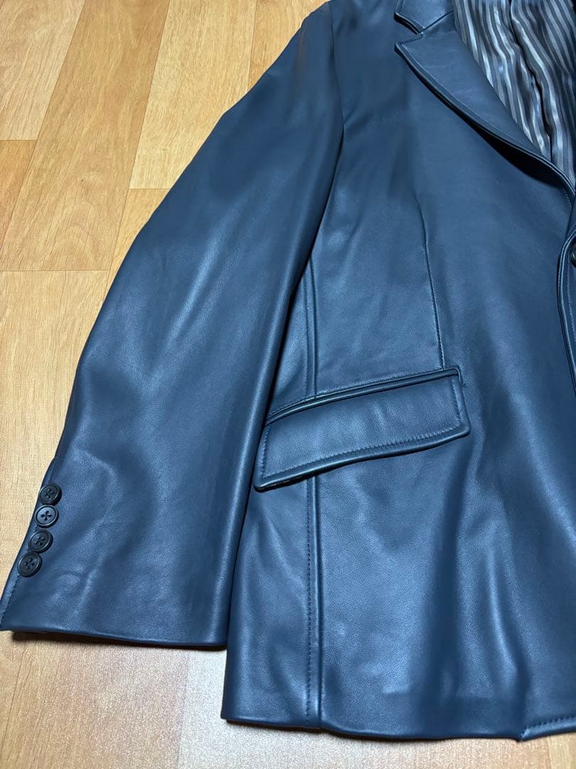 men's bigiネイビー レザー テーラードジャケット