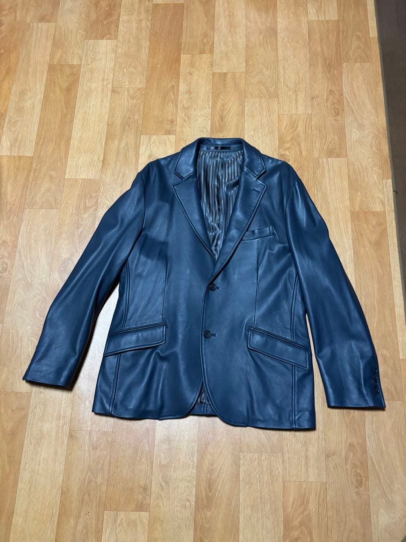 men's bigiネイビー レザー テーラードジャケット