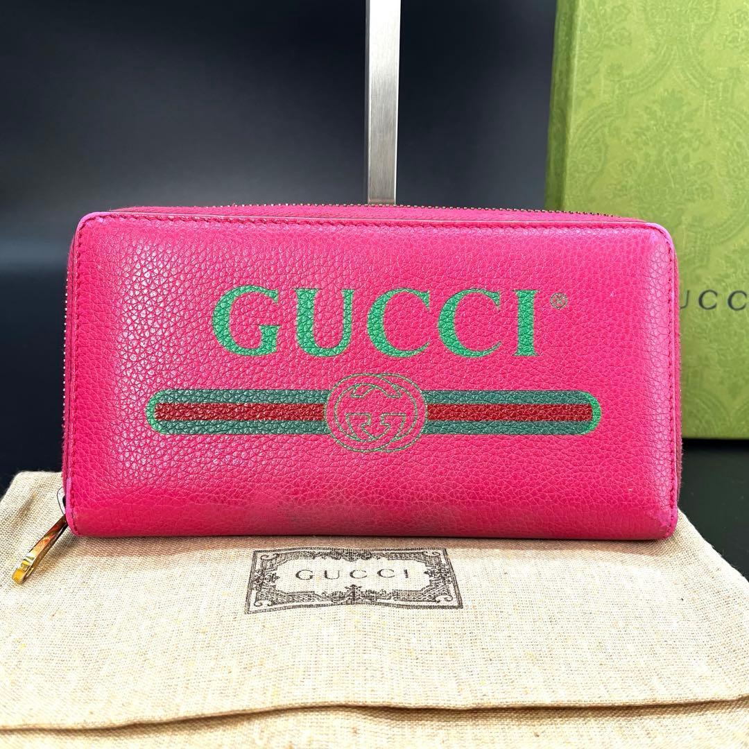 グッチ 長財布 ラウンドファスナー デカロゴ ピンク レザー 496317