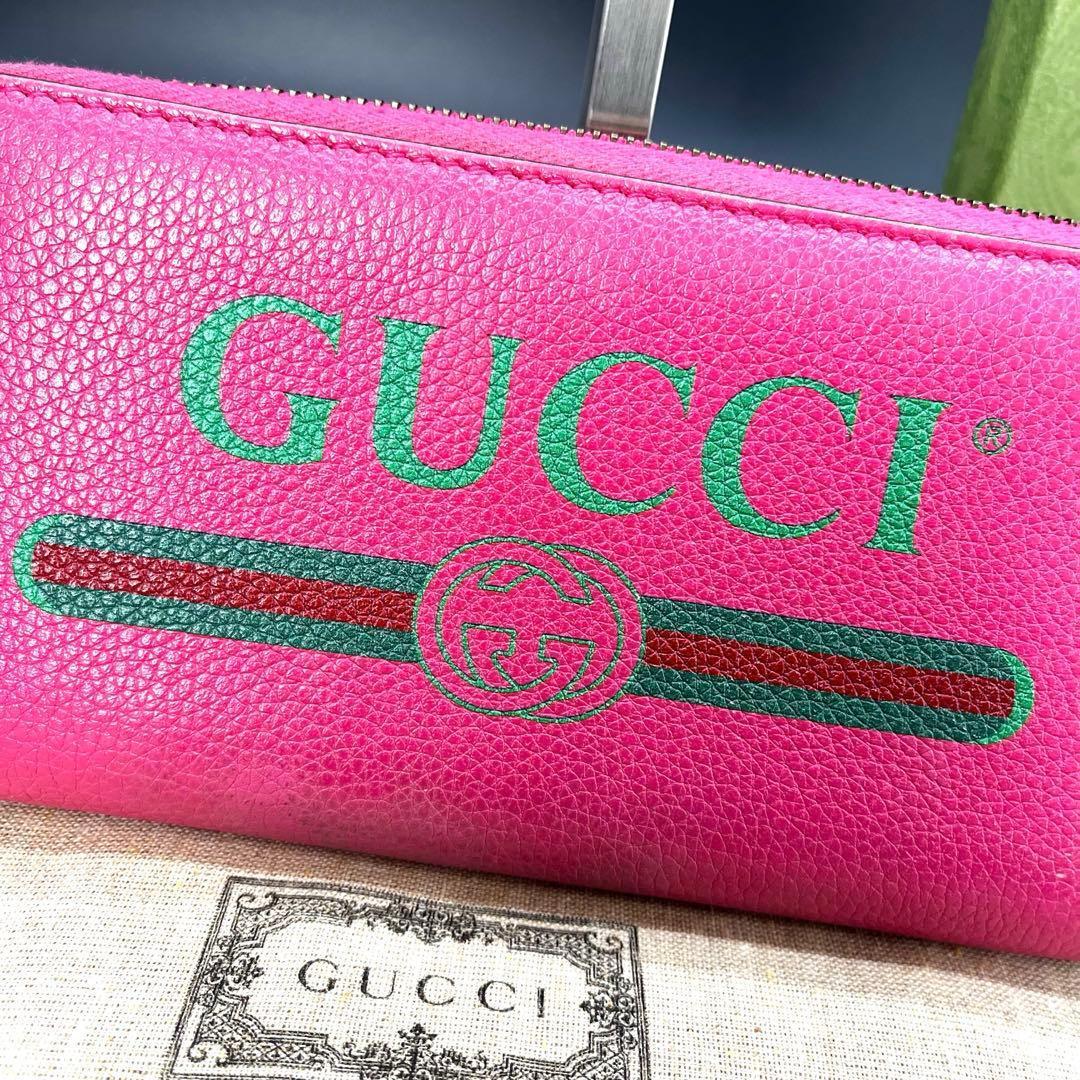 グッチ 長財布 ラウンドファスナー デカロゴ ピンク レザー 496317