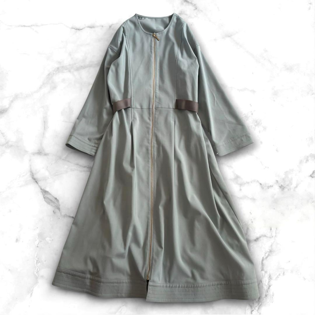 新品【ダーマコレクション】ジップアップワンピース　ノーカラー　ライトグリーン