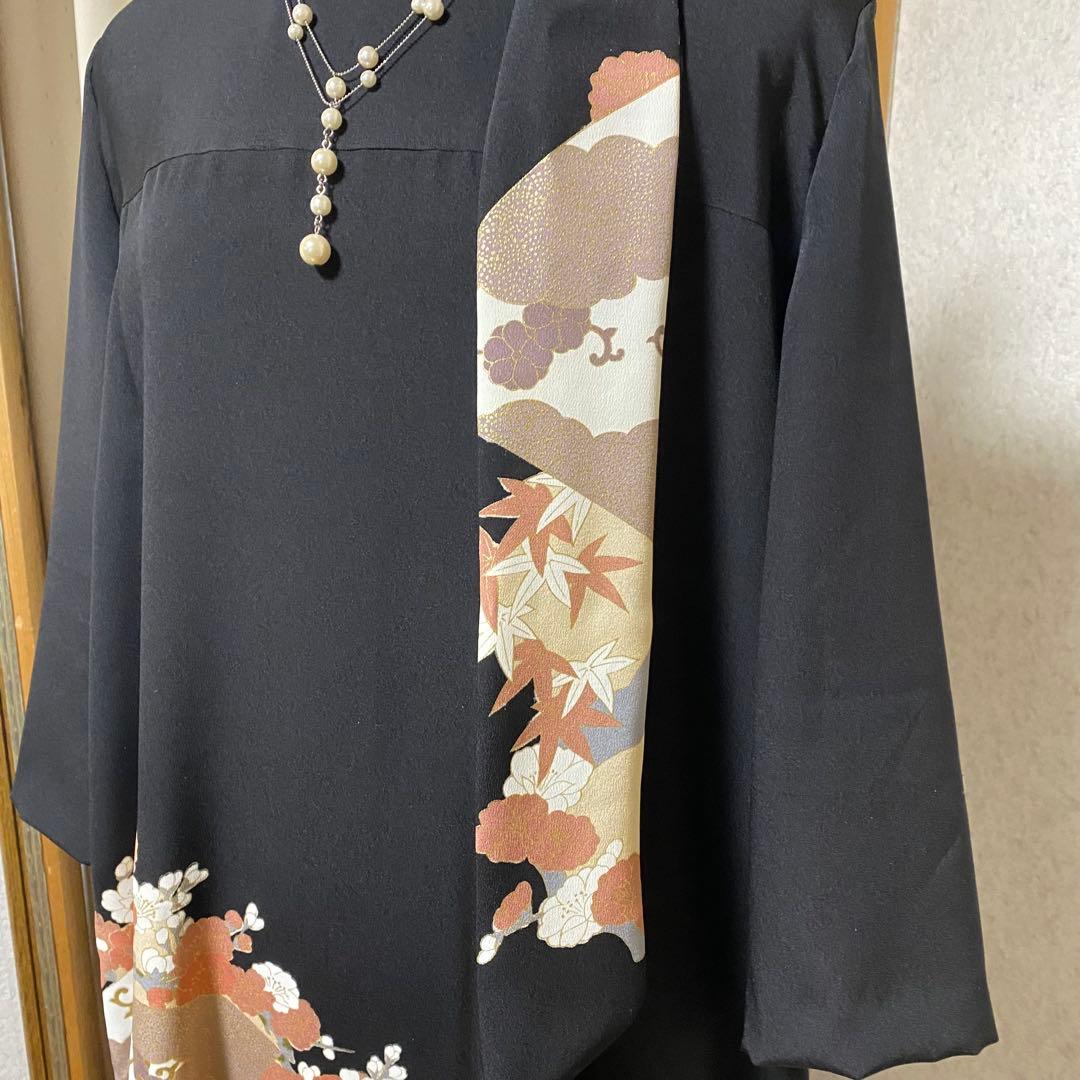 《LL 110cm》 黒留袖リメイク ヨーク切り替え 七分袖 ワンピース