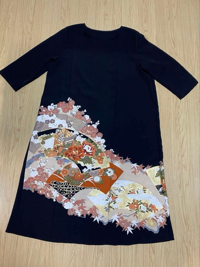 《LL 110cm》 黒留袖リメイク ヨーク切り替え 七分袖 ワンピース