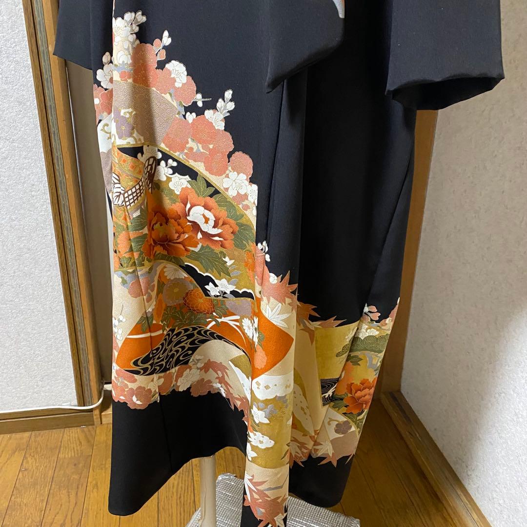 《LL 110cm》 黒留袖リメイク ヨーク切り替え 七分袖 ワンピース