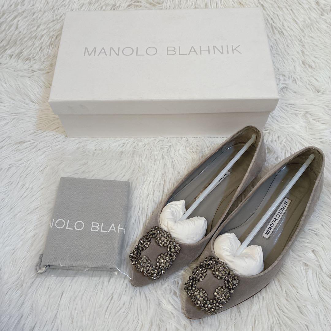 マノロブラニク　ハンギシ ビジュー　ベロア　35 パンプス　22cm グレー