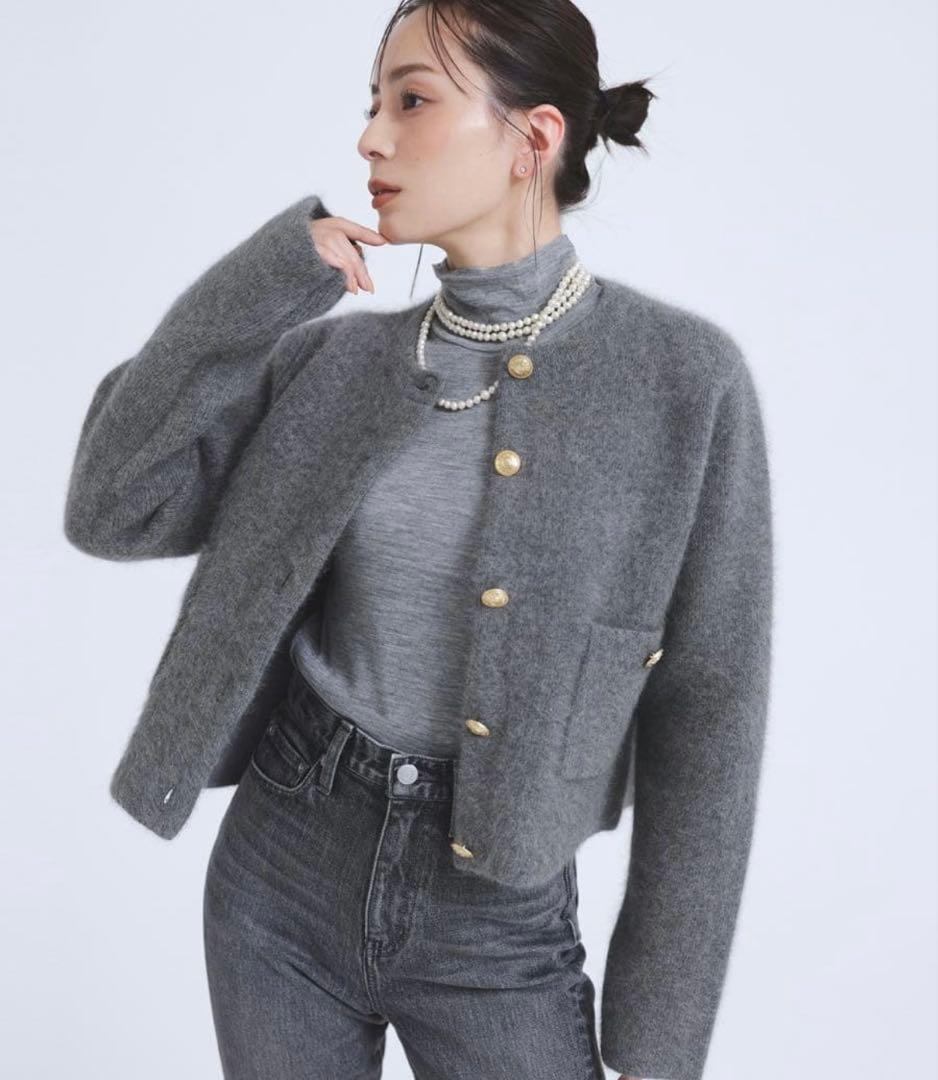 アニュアンス　ラクーンブレンドノーカラーニットジャケット