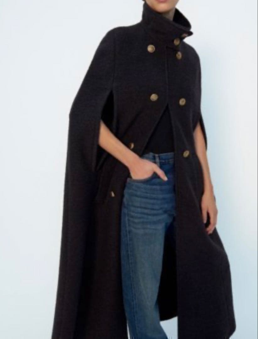 9389. ZARA マキシ丈 ケープコート 羊毛 金ボタン ダブル
