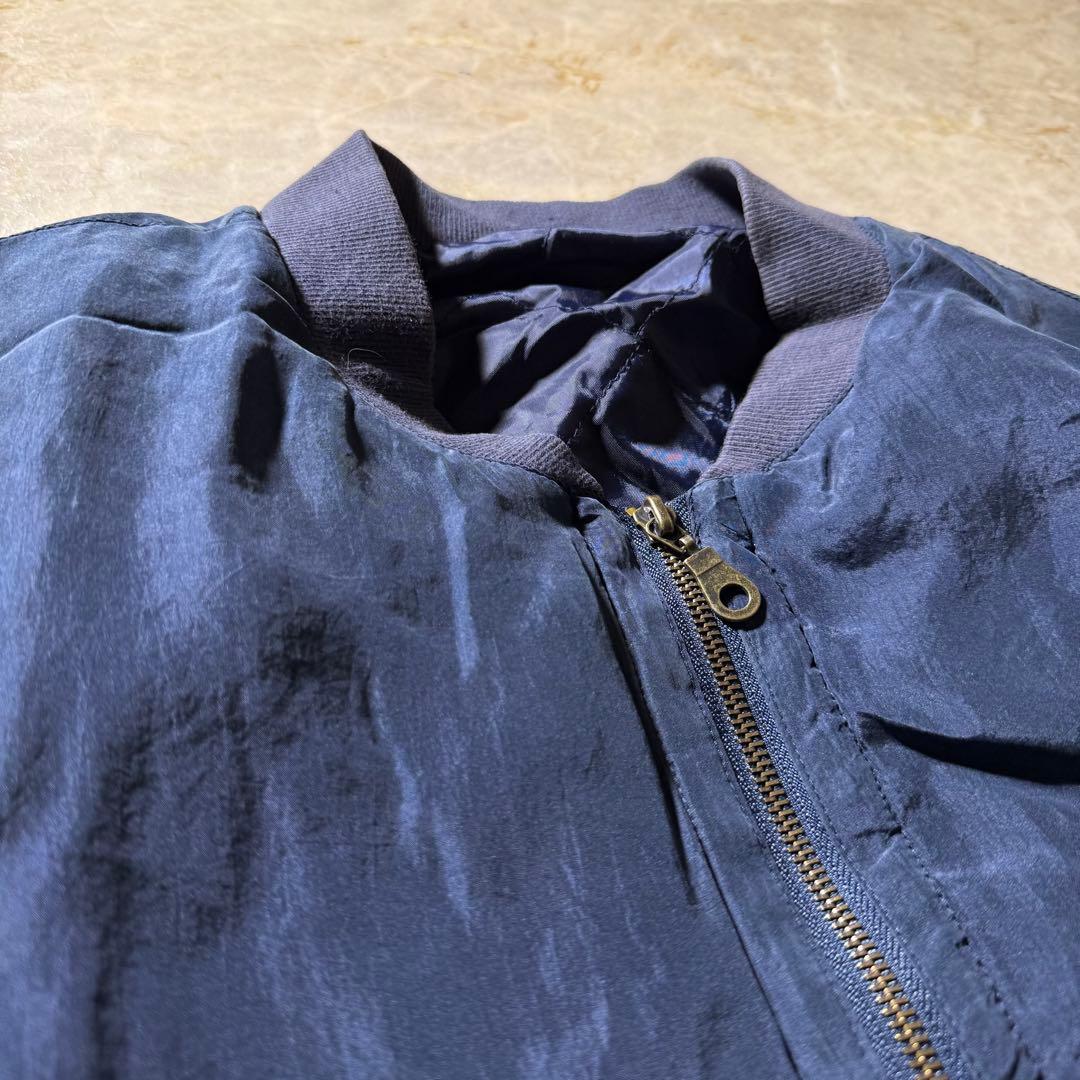 80sシルクブルゾン古着ネイビー中綿フライトジャケット型短丈L美品当時物CBOY