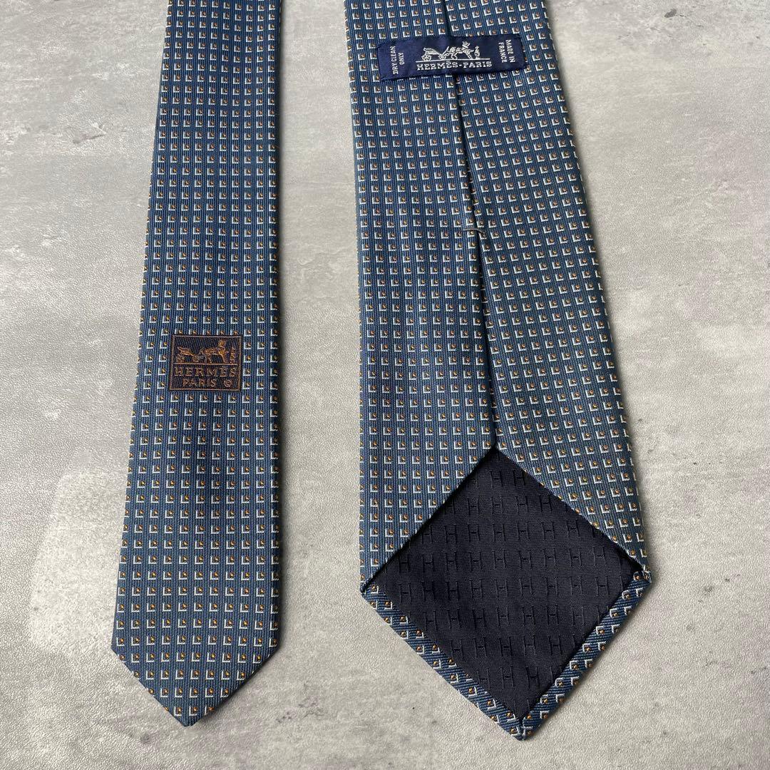 美品 HERMES ジャガード 玉虫 スクエアドット柄 ネクタイ ブルーグレー