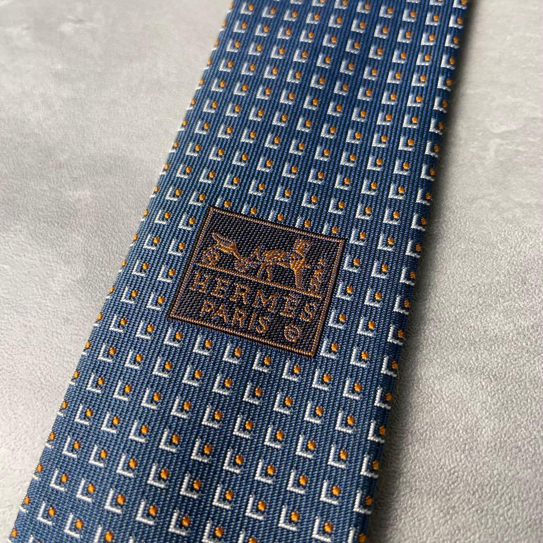 美品 HERMES ジャガード 玉虫 スクエアドット柄 ネクタイ ブルーグレー