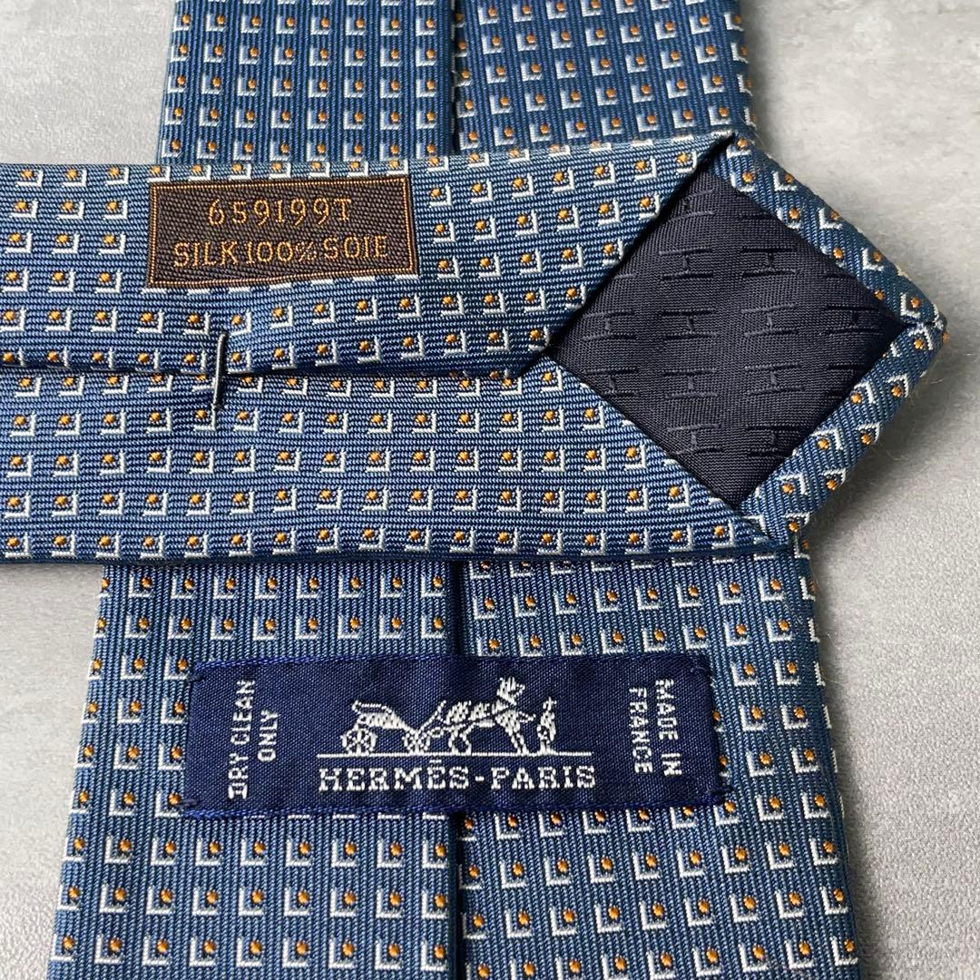 美品 HERMES ジャガード 玉虫 スクエアドット柄 ネクタイ ブルーグレー