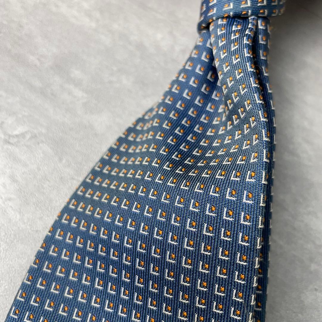 美品 HERMES ジャガード 玉虫 スクエアドット柄 ネクタイ ブルーグレー