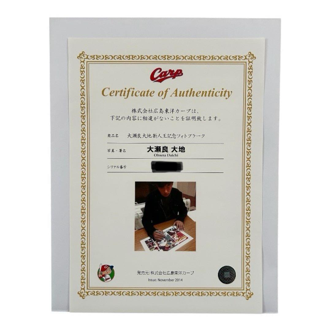 広島東洋カープ 大瀬良大地投手 新人王記念フォトプラーク 直筆サイン入り