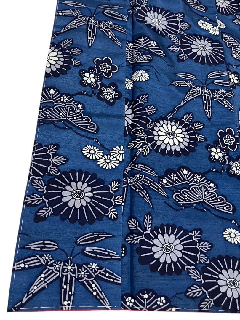 琉球藍型 琉球紅型紬 小紋 松竹梅 菊 落款 反端布 未使用 イ5835