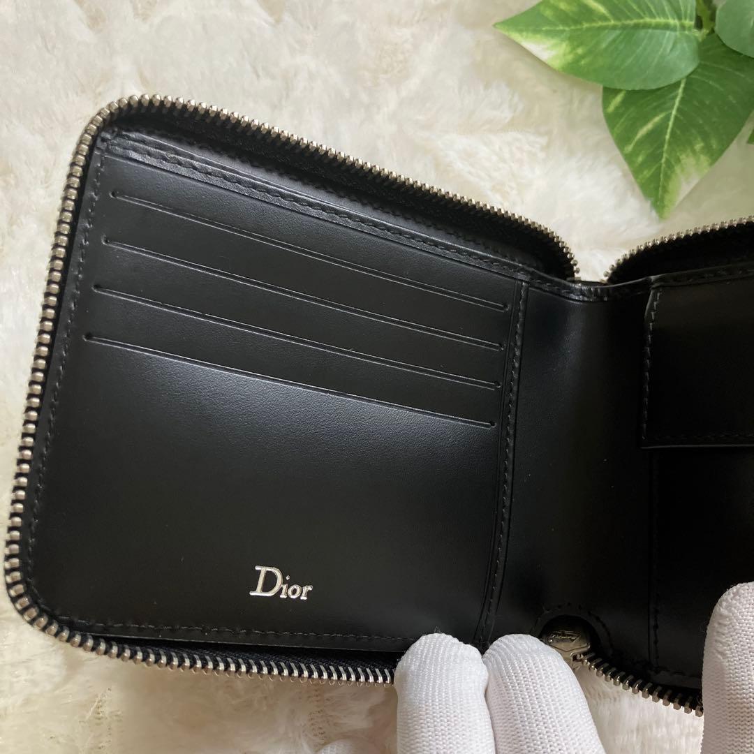 【極美品】Dior ラウンドファスナー財布 ブラック×シルバー ストライプ