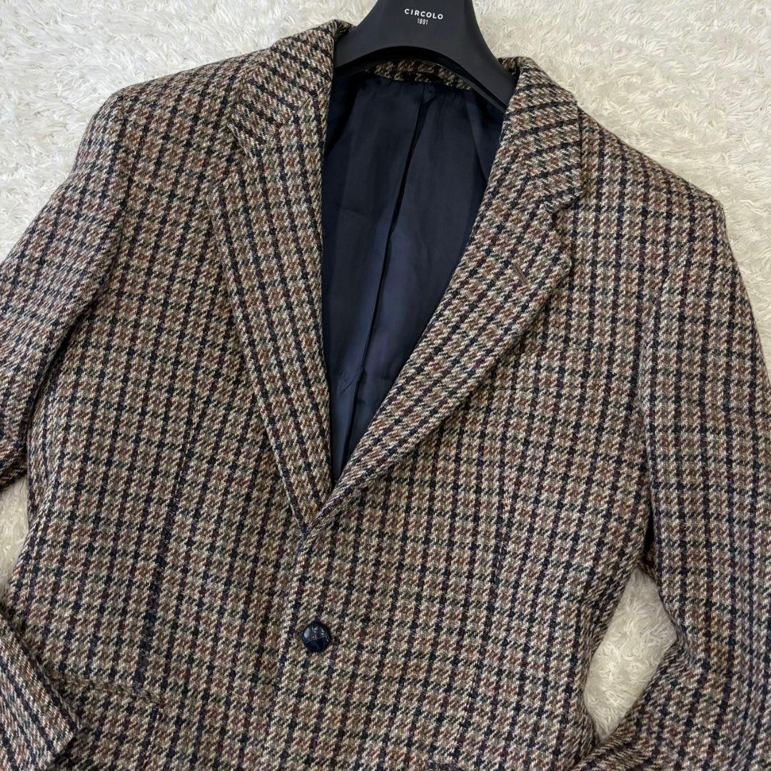 ハリスツイード テーラードジャケット くるみボタン 総柄 チェック 総裏地 XL