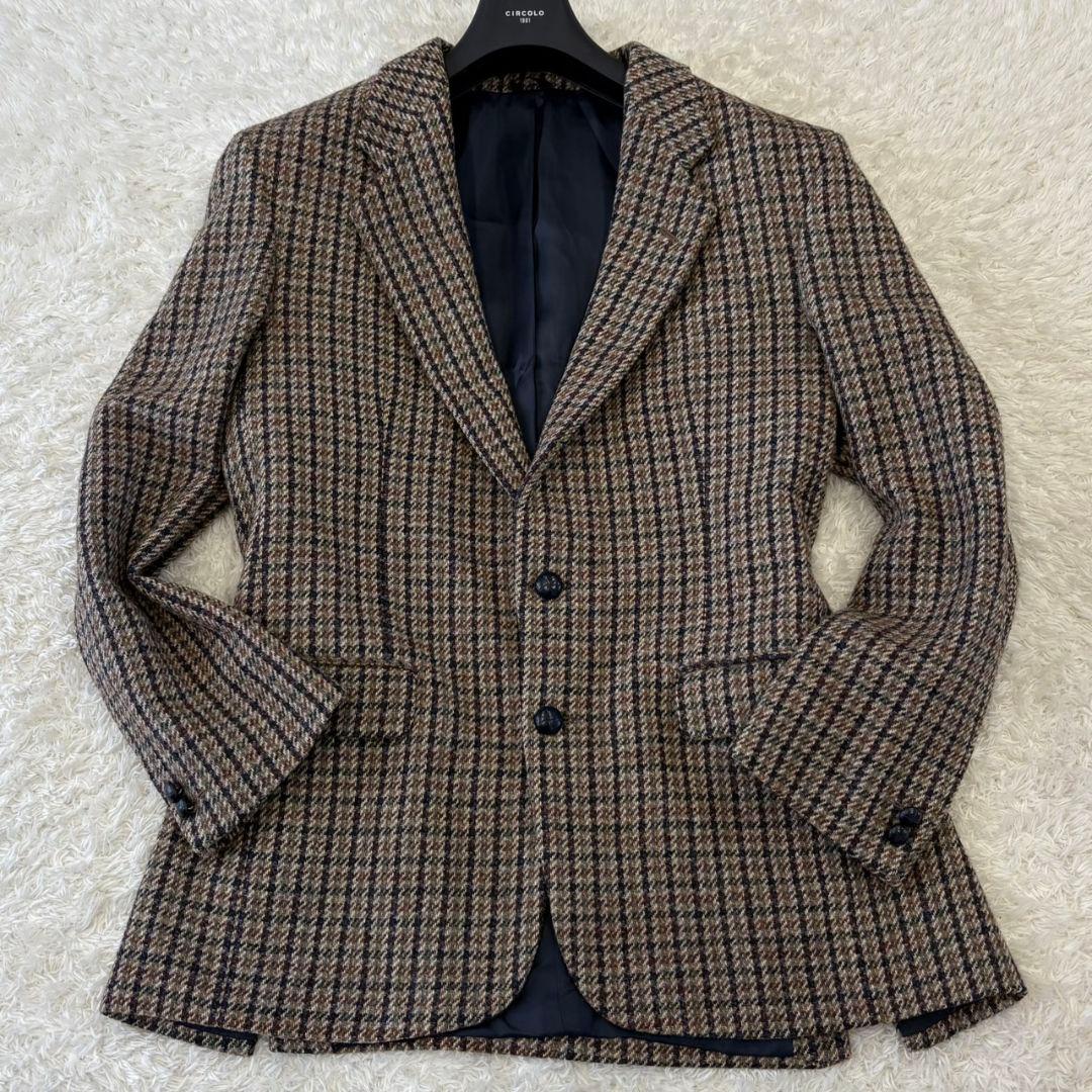ハリスツイード テーラードジャケット くるみボタン 総柄 チェック 総裏地 XL