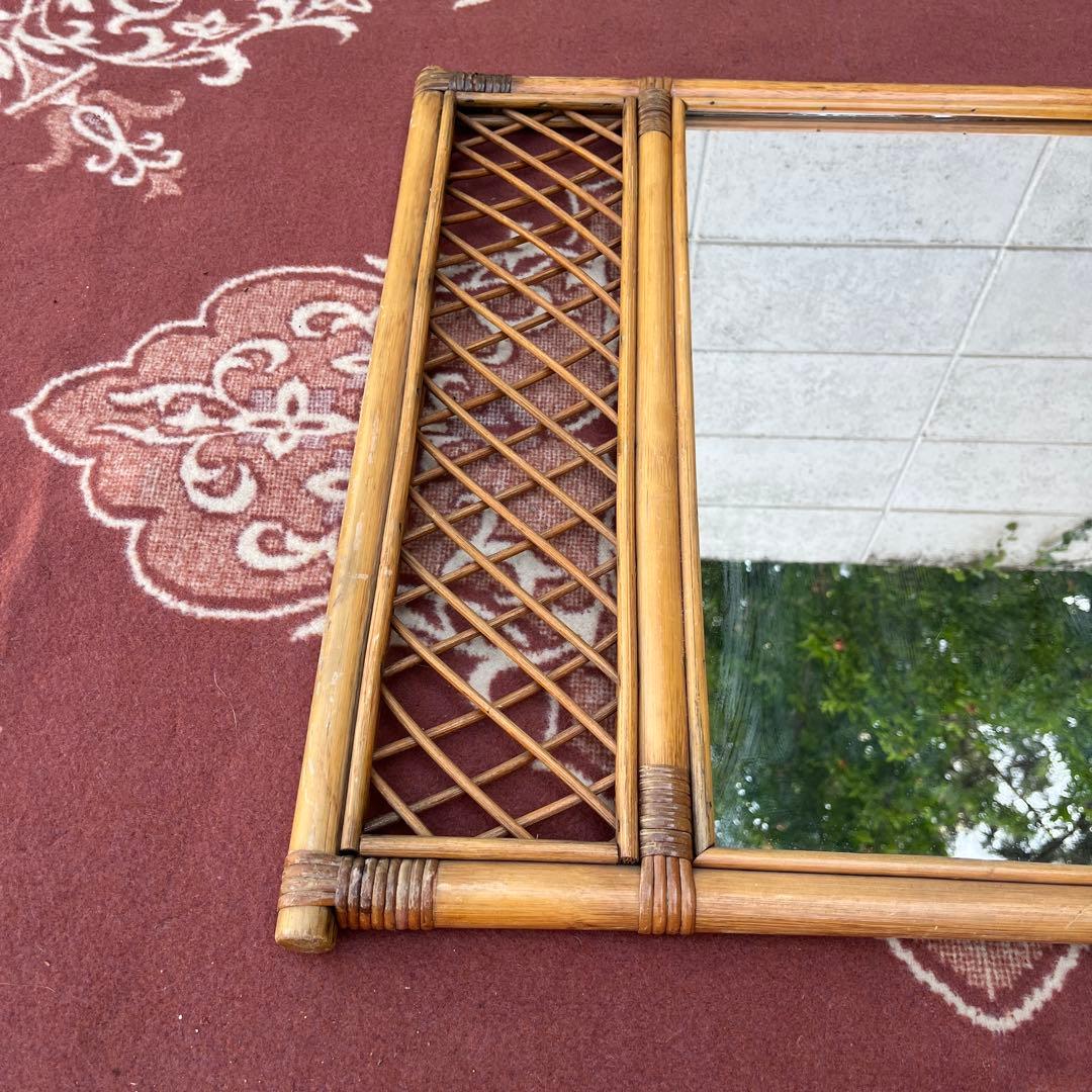 古雑貨ビンテージ品◾️籐ラタンパネル 壁掛けミラー ウォールミラー 鏡