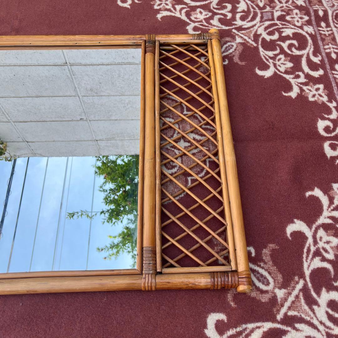 古雑貨ビンテージ品◾️籐ラタンパネル 壁掛けミラー ウォールミラー 鏡