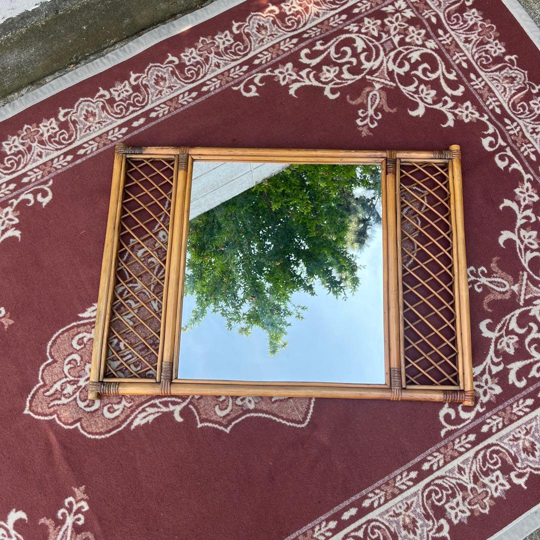 古雑貨ビンテージ品◾️籐ラタンパネル 壁掛けミラー ウォールミラー 鏡