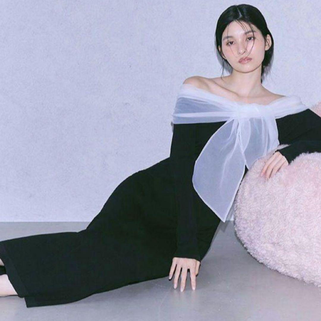 オフショルコンビリボンリブニットワンピ