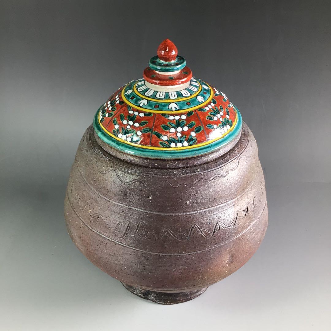 Ｒ５０３　水指　『萬古焼』『堀野証嗣造』『赤絵蓋』『替蓋付』『南蛮水指』　共箱