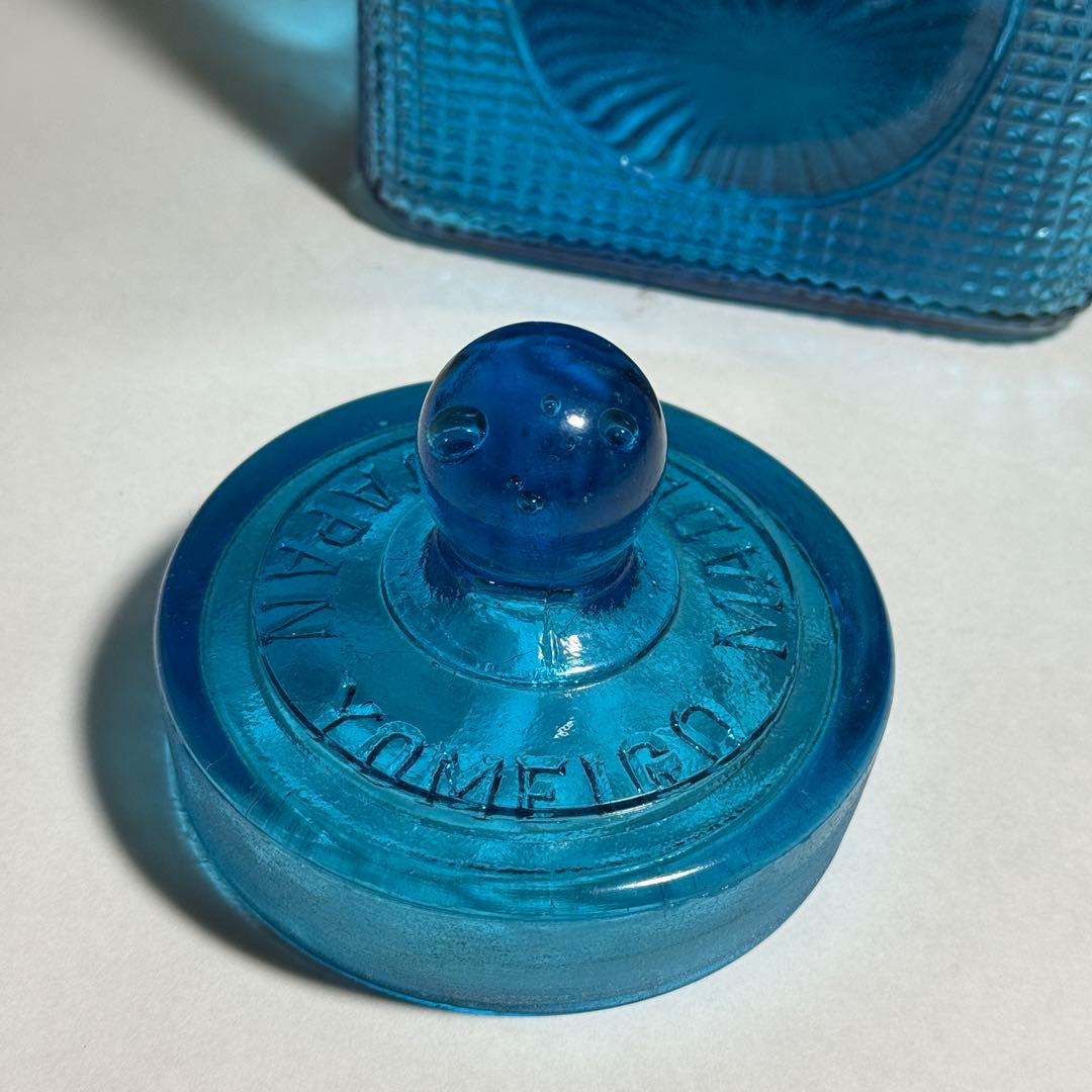 ◆ナリトラ◆レトロガラス 飴屋瓶 シュガーポット 希少ブルー プレスガラス