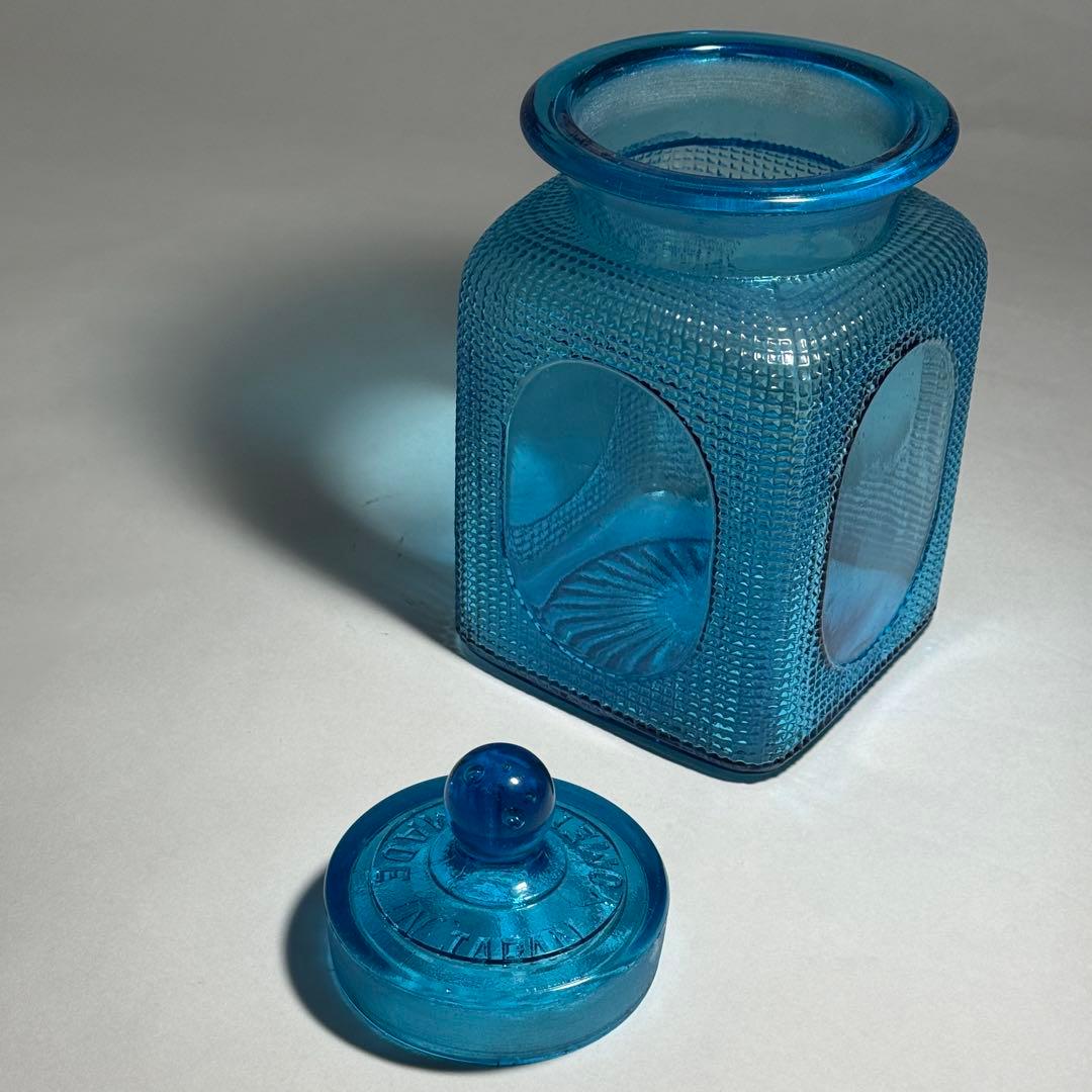 ◆ナリトラ◆レトロガラス 飴屋瓶 シュガーポット 希少ブルー プレスガラス