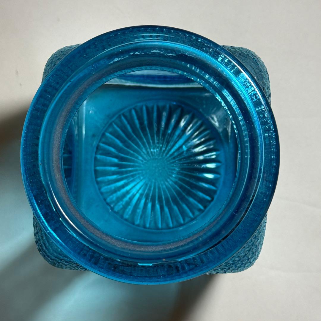 ◆ナリトラ◆レトロガラス 飴屋瓶 シュガーポット 希少ブルー プレスガラス