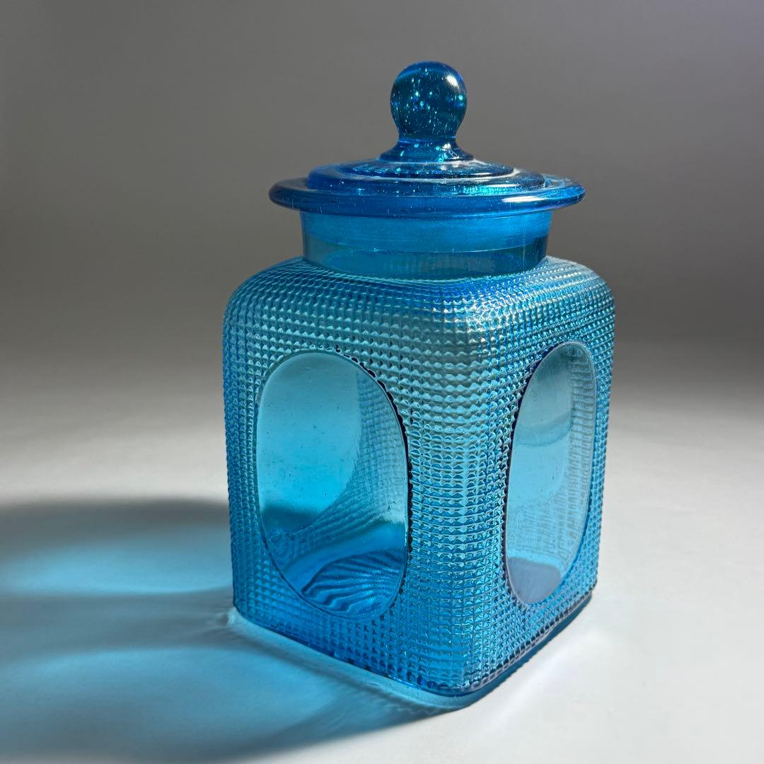 ◆ナリトラ◆レトロガラス 飴屋瓶 シュガーポット 希少ブルー プレスガラス