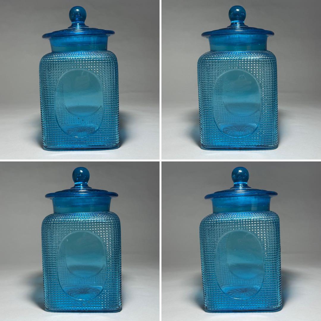 ◆ナリトラ◆レトロガラス 飴屋瓶 シュガーポット 希少ブルー プレスガラス