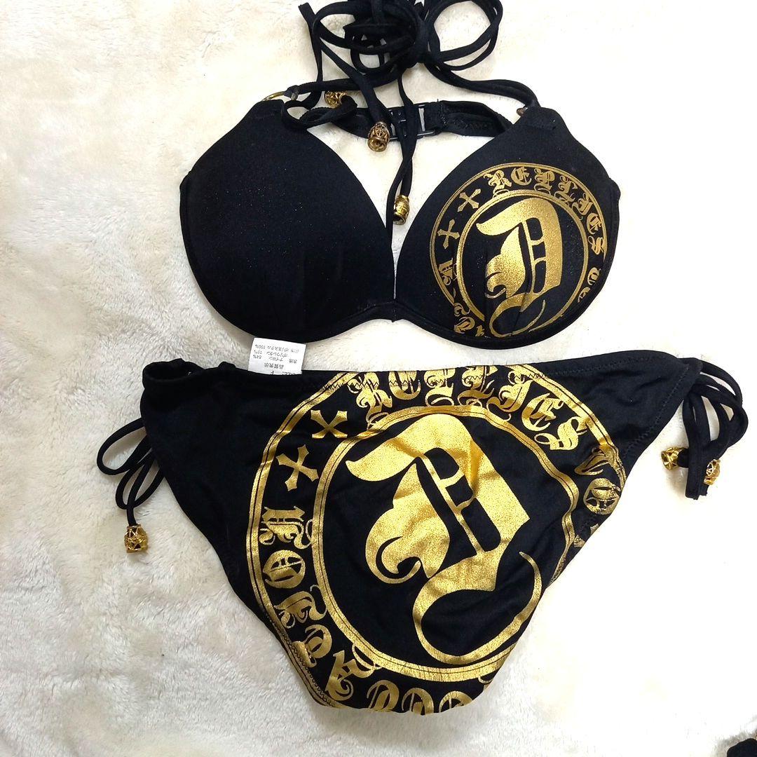 ロゴプリント ブラック ゴールド 水着