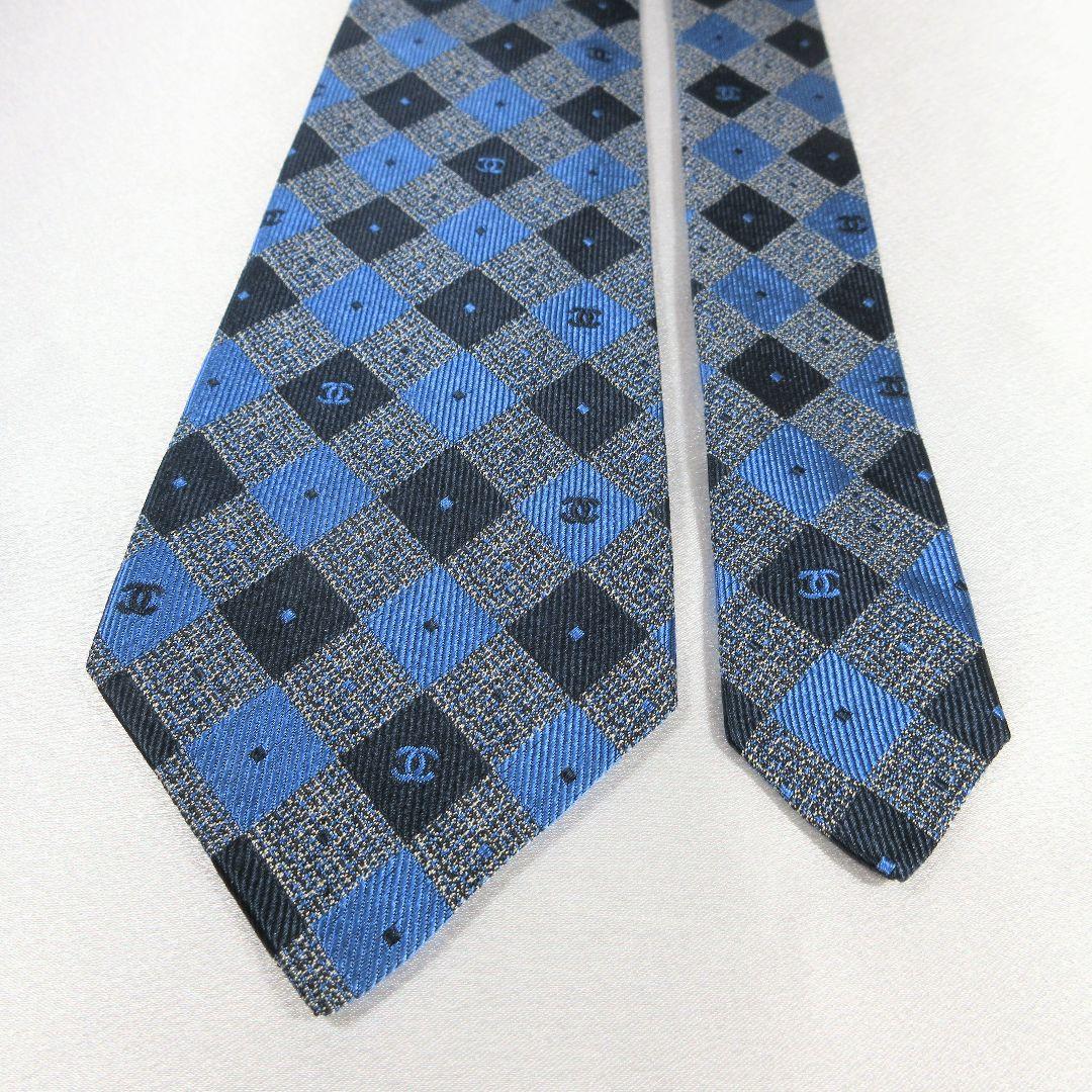 シャネル　ココマーク　グレー　ブルー　ネクタイ