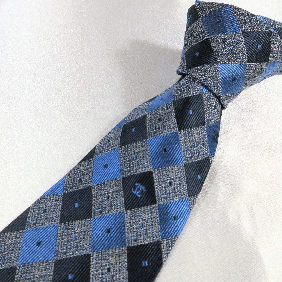 シャネル　ココマーク　グレー　ブルー　ネクタイ