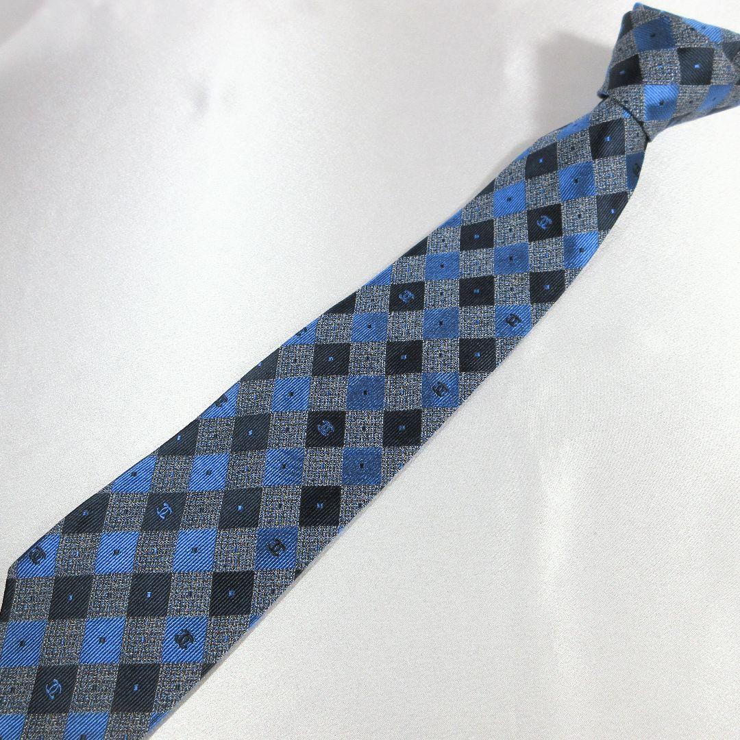 シャネル　ココマーク　グレー　ブルー　ネクタイ