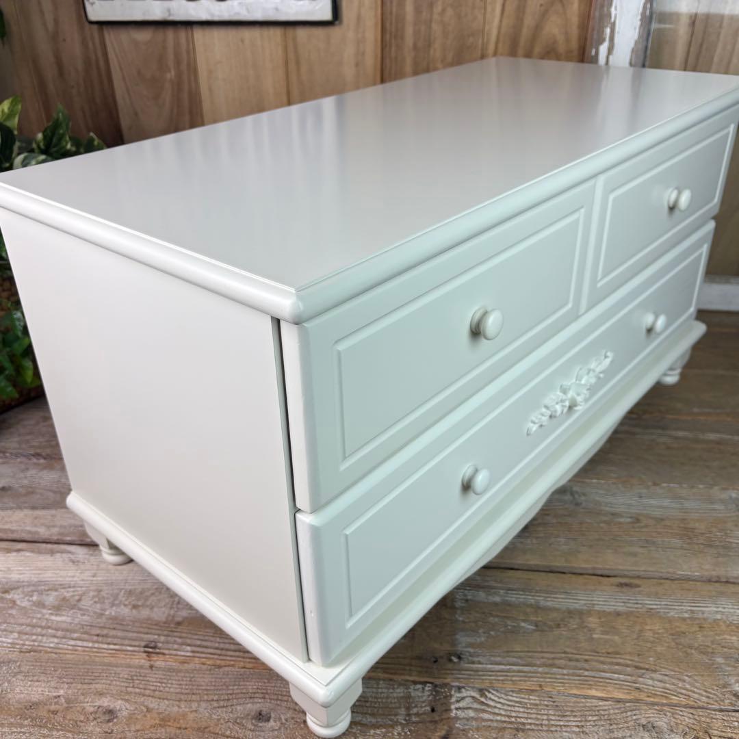 訳あり品【136】フレンチ調ホワイトチェスト横長木製収納家具姫系洋タンス飾り棚姫