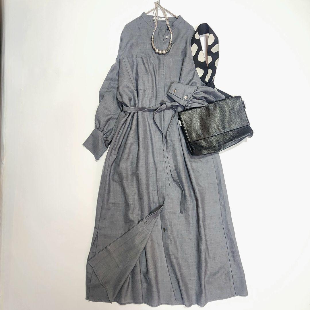 美品【定3.5万】ウィムガゼット ウール バンドカラー シャツワンピース リボン