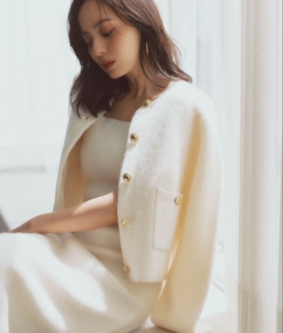 anuans カシミヤブレンドノーカラーニットジャケット　ivory