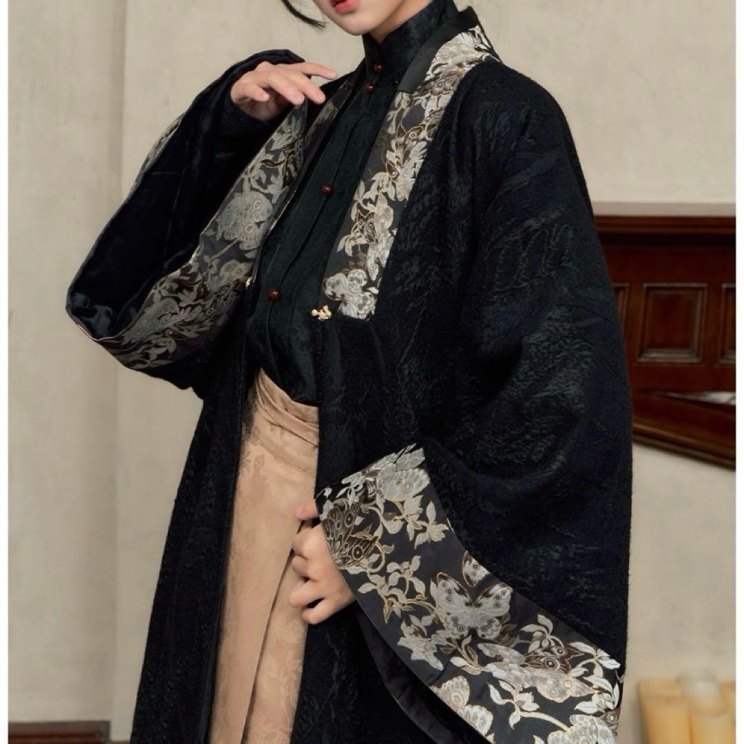 胡蝶水仙　暗紋織錦對襟祆　黒金色アウター　中華風　明製漢服　新中式　侘び寂び着物