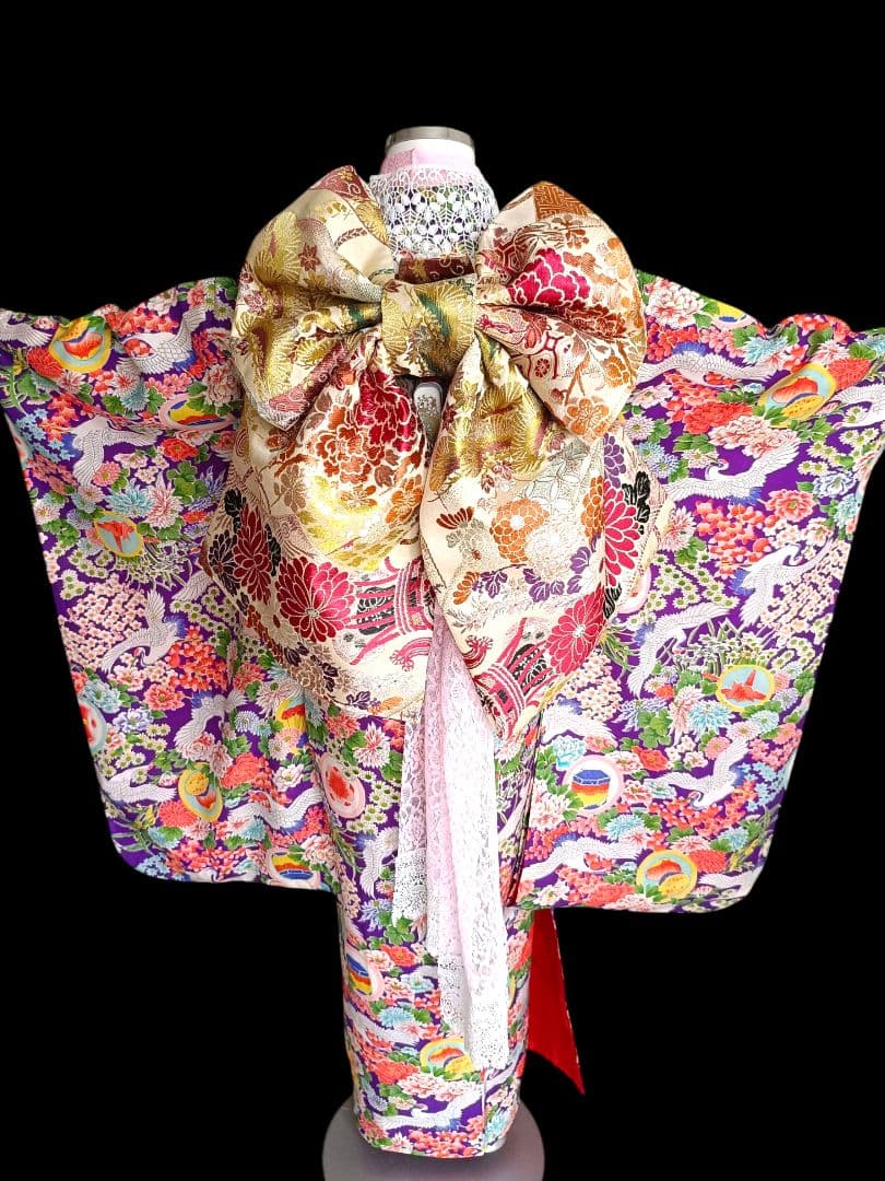 アンティーク紫に飛翔鶴の着物と作り帯のセット