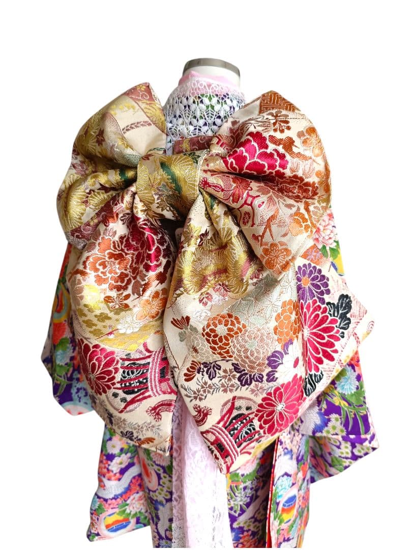 アンティーク紫に飛翔鶴の着物と作り帯のセット