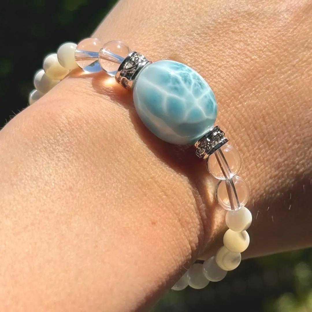 高品質大きめオーバルラリマーブレスレット　カリブ海の宝石　浄化用さざれ石おまけ付