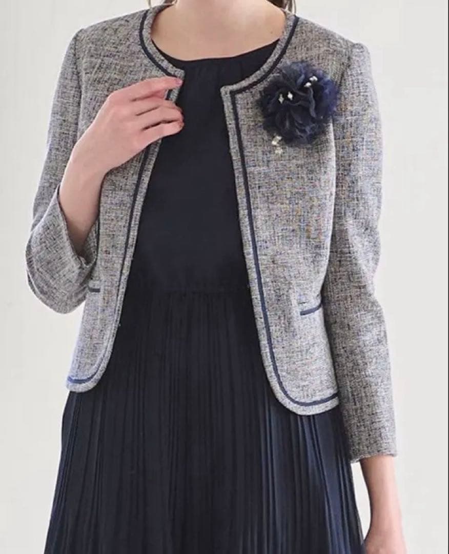 新品　エニィスィス　ノーカラージャケット ミニライトボーダー　ネイビー　3