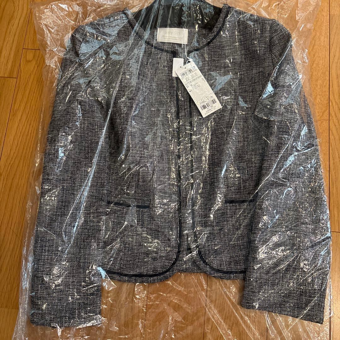 新品　エニィスィス　ノーカラージャケット ミニライトボーダー　ネイビー　3