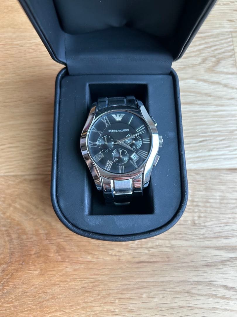 EMPORIO ARMANI 腕時計 クロノグラフシルバーブラック　【電池新品】