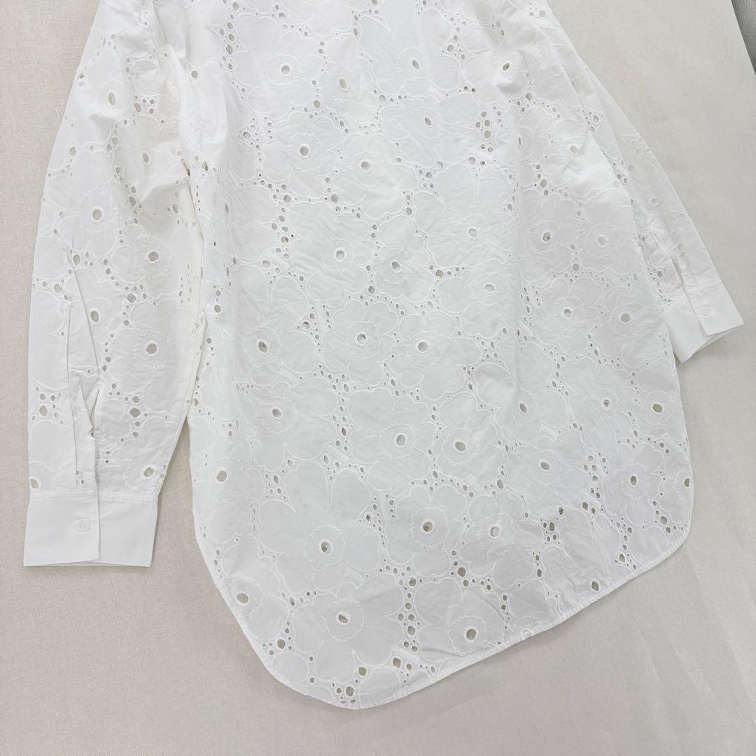 マリメッコ シャツワンピース バンドカラー ウニッコ レース ブロード刺繍 比翼