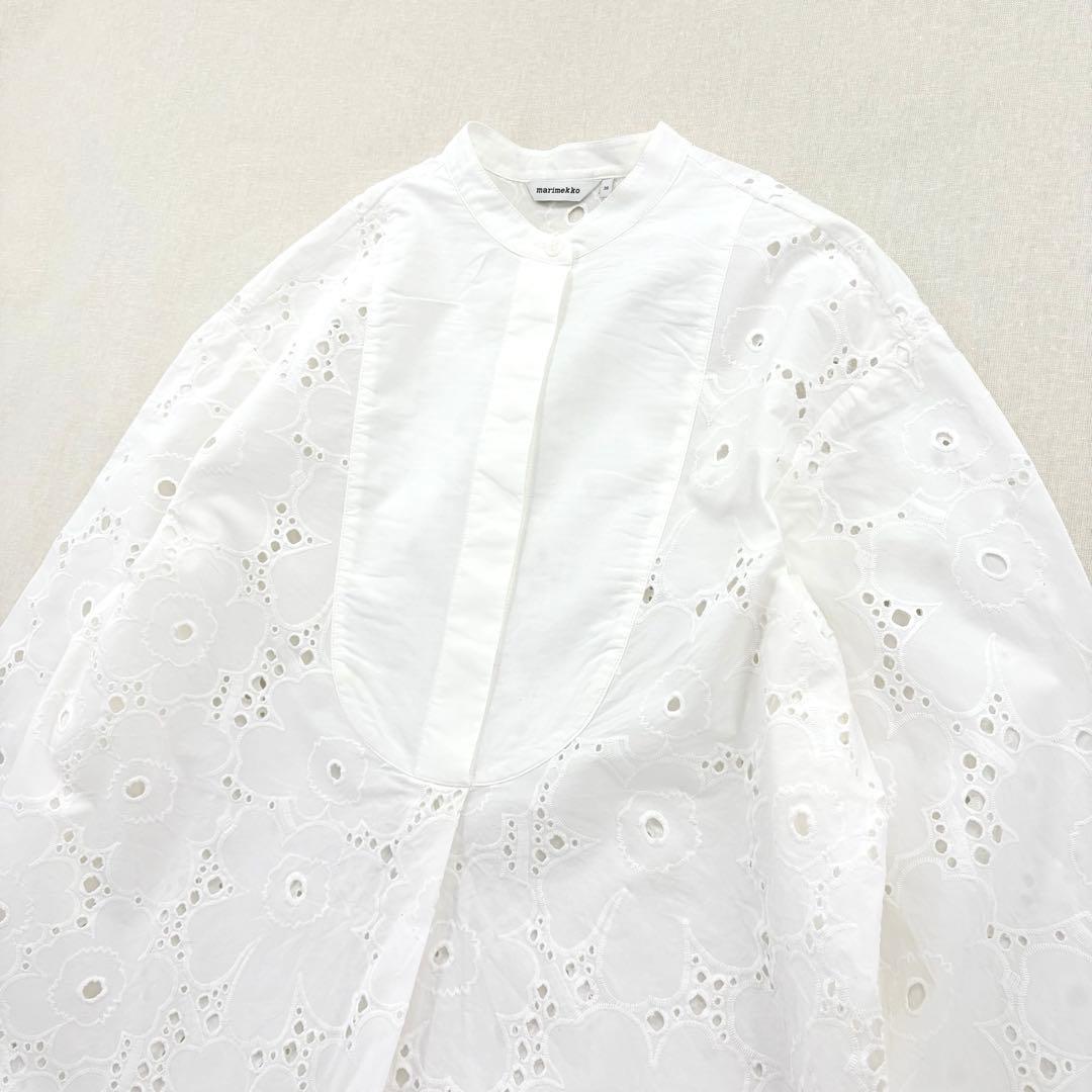 マリメッコ シャツワンピース バンドカラー ウニッコ レース ブロード刺繍 比翼