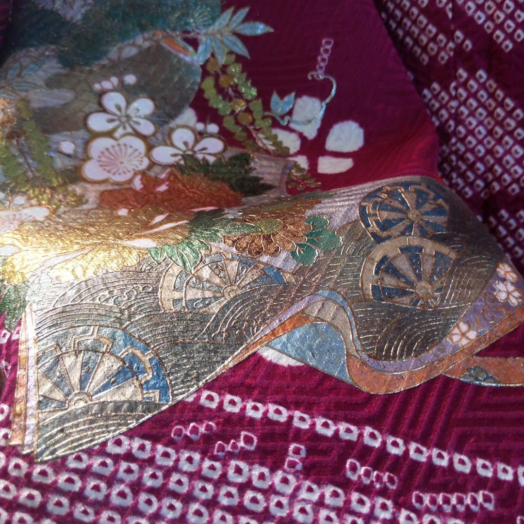 422桂由美　レトロポップ　絞り　赤　螺鈿落款　正絹振袖6点フルセット成人卒業式