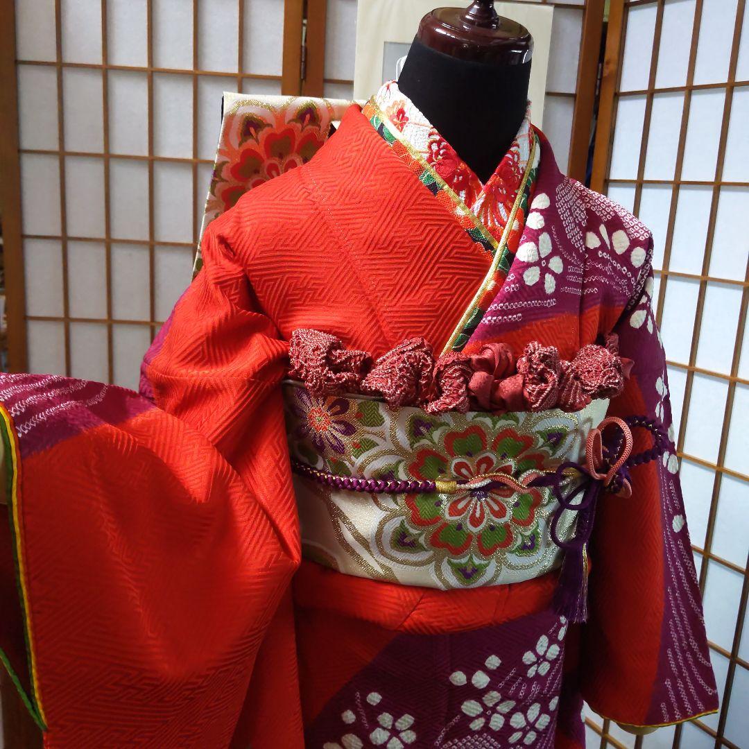 422桂由美　レトロポップ　絞り　赤　螺鈿落款　正絹振袖6点フルセット成人卒業式