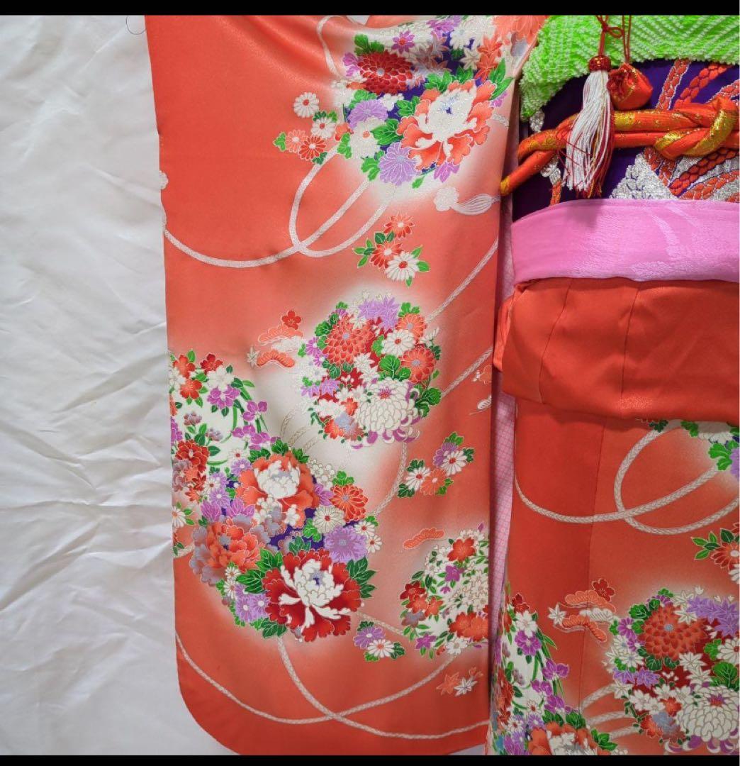 7歳七五三着物 オレンジ色 花柄刺繍付き　全セット